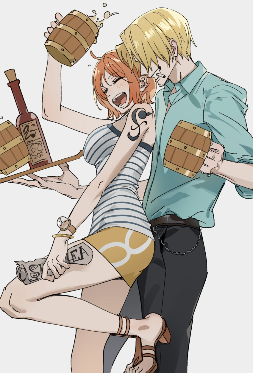 41097772s absurdres alcohol arm_tattoo beer blonde_hair clima-tact copyright_request denim highres jeans nami_(one_piece) one_piece orange_hair pants sanji_(one_piece) shoulder_tattoo tattoo
