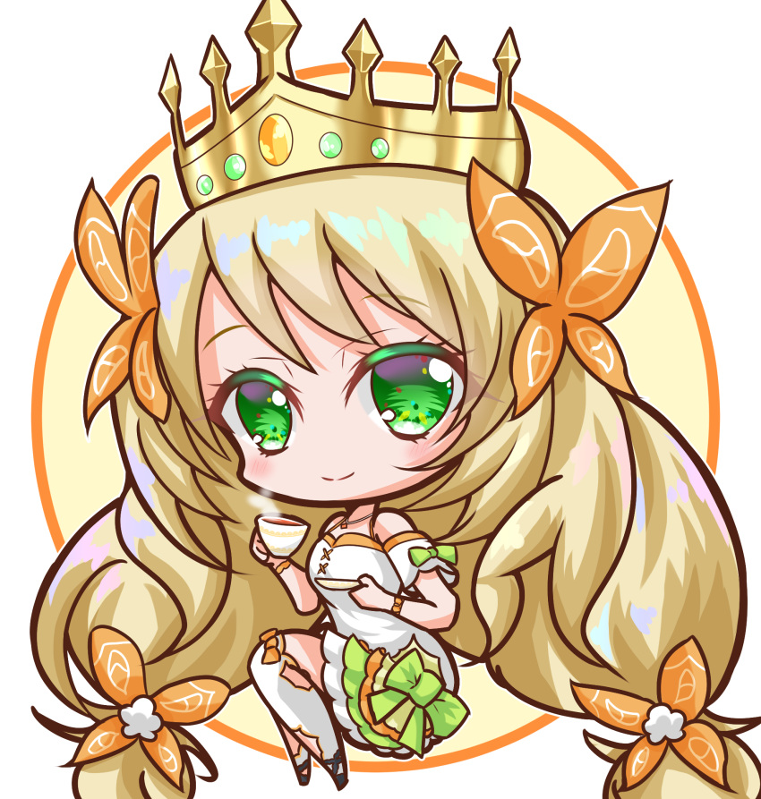 1girl bare_shoulders blonde_hair bow butterfly_hair_ornament celine_(fire_emblem) chibi chibi_only closed_mouth crown cup dress fire_emblem fire_emblem_engage full_body green_bow green_eyes griffonmask11 hair_ornament highres holding holding_cup holding_plate long_hair official_alternate_costume orange_bow plate smile solo teacup thigh-highs very_long_hair white_dress white_thighhighs