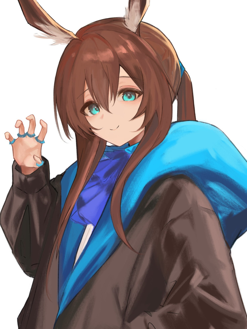 1girl amiya_(arknights) animal_ear_fluff animal_ears arknights ascot black_jacket blue_ascot blue_eyes brown_hair claw_pose closed_mouth commentary_request ha_(huton_in_mach) hair_between_eyes hand_up highres hood hood_down hooded_jacket jacket jewelry long_hair long_sleeves ponytail puffy_long_sleeves puffy_sleeves rabbit_ears ring shirt sidelocks simple_background smile solo upper_body white_background white_shirt