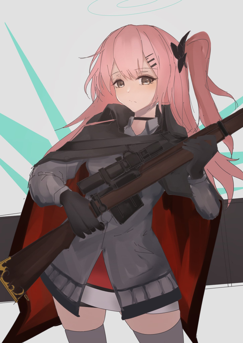 1girl ambriel_(arknights) arknights black_cloak black_gloves brown_eyes cloak closed_mouth collared_shirt commentary_request dress_shirt gloves grey_background grey_shirt grey_thighhighs gun hair_ornament hairclip halo hetare_galm_sue highres holding holding_gun holding_weapon long_hair long_sleeves looking_at_viewer one_side_up pink_hair rifle scope shirt sketch sniper_rifle solo standing thigh-highs weapon weapon_request