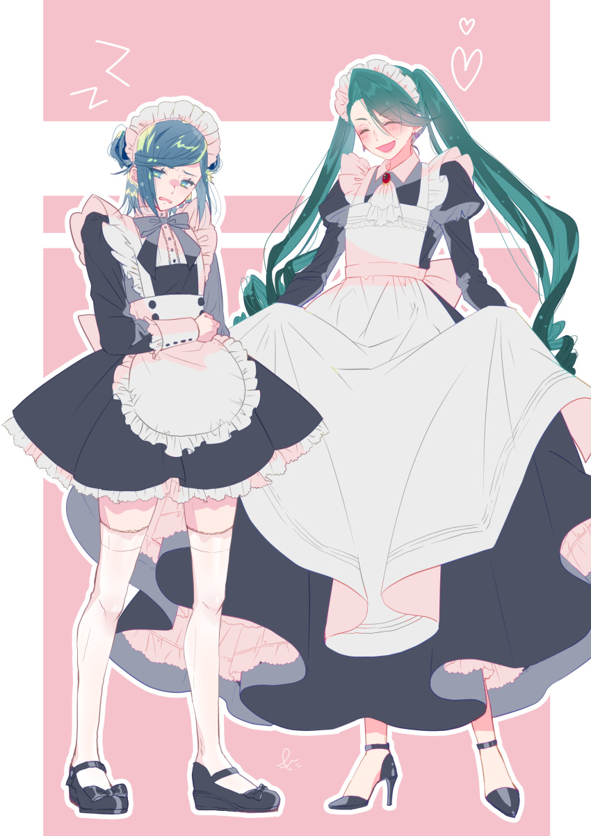 1boy 1girl alternate_hairstyle androgynous apron aqua_eyes aqua_hair black_dress bow bowtie closed_eyes commentary_request crossdressing disgust double_bun dress frilled_dress frills full_body furrowed_brow green_hair grusha_(pokemon) hair_bun happy heart height_difference high_heels highres long_hair maid maid_apron maid_headdress open_mouth otoko_no_ko pink_background pokemon pokemon_sv punta red_brooch rika_(pokemon) skirt_hold standing thigh-highs twintails white_apron white_background white_thighhighs zettai_ryouiki