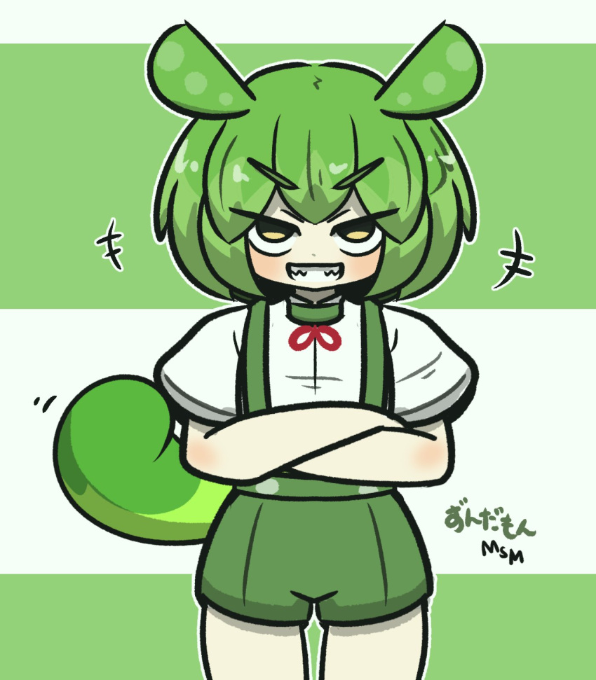 +++ 1girl commentary_request crossed_arms green_background green_hair green_shorts grin highres looking_at_viewer puffy_short_sleeves puffy_sleeves sharp_teeth shirt short_sleeves shorts smile solo standing suspender_shorts suspenders tail teeth translation_request two-tone_background uni_souchou v-shaped_eyebrows voicevox white_background white_shirt yellow_eyes zundamon