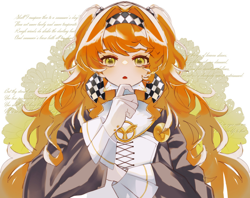 1girl :o checkered_hairband dress english_text flower gloves green_eyes grey_sleeves hand_on_own_chin hand_up high_collar highres long_hair looking_at_viewer orange_hair poem reverse:1999 solo sonetto_(reverse:1999) triangle_mouth two_side_up upper_body white_background white_dress white_gloves yutsuki_(gi5eg3)