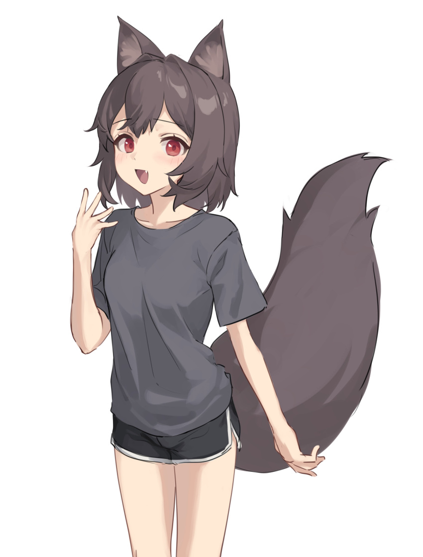 1girl :d absurdres animal_ears arm_at_side black_shirt black_shorts blush brown_hair collarbone dot_nose ellu fang fox_ears fox_girl fox_tail gym_shorts hair_intakes hand_up highres legs_apart looking_at_viewer medium_hair open_mouth original red_eyes shirt short_shorts short_sleeves shorts sidelocks simple_background smile solo t-shirt tail white_background