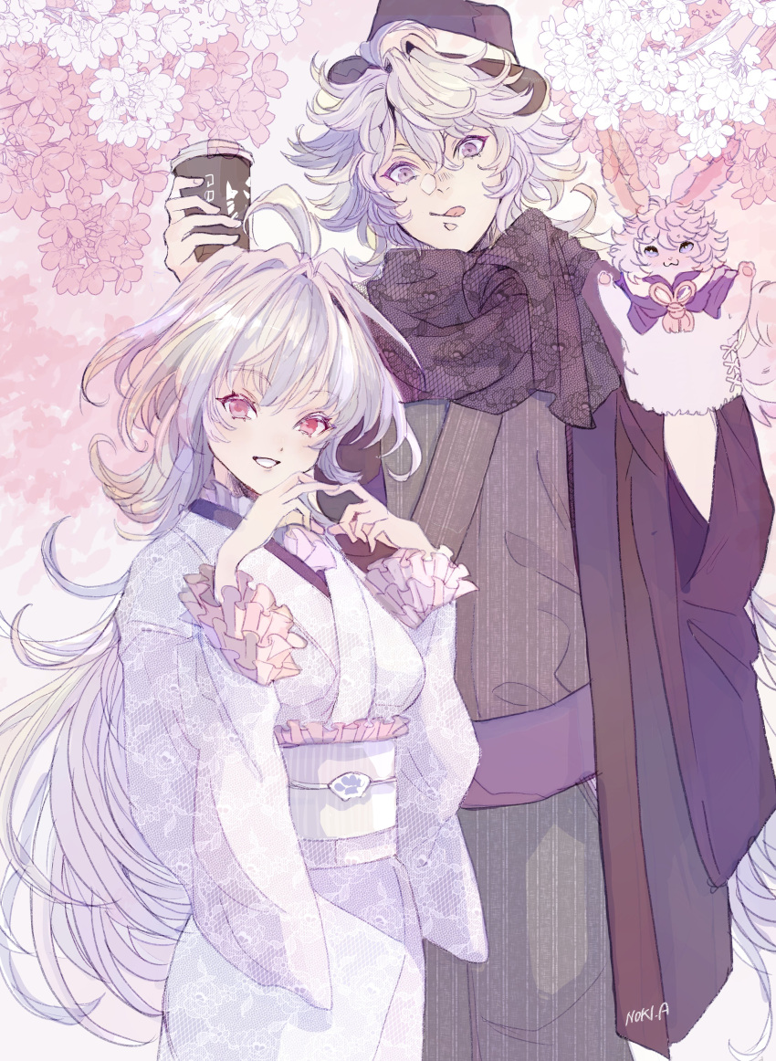 1boy 1girl :q absurdres ahoge alternate_costume black_headwear black_scarf branch cherry_blossoms cowboy_shot cup disposable_cup fate/grand_order fate_(series) floral_print flower fou_(fate) frilled_sleeves frills grey_kimono hair_between_eyes hand_puppet hands_up haori hat highres holding holding_cup japanese_clothes kimono kinnoashihara long_hair long_sleeves looking_at_viewer merlin_(fate) merlin_(fate/prototype) obi obiage obidome obijime outdoors parted_lips print_kimono print_scarf puppet red_eyes sash scarf signature smile spring_(season) striped_clothes striped_kimono tongue tongue_out vertical-striped_clothes vertical-striped_kimono violet_eyes white_hair white_kimono wide_sleeves