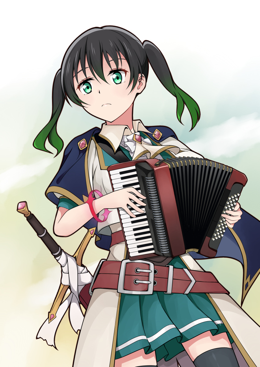 1girl absurdres accordion ascot asdasun1 belt black_hair black_thighhighs blue_cape brown_belt cape closed_mouth coat collared_coat commentary_request gradient_hair green_eyes green_hair green_skirt hair_between_eyes highres holding holding_instrument instrument looking_afar love_live! love_live!_nijigasaki_high_school_idol_club medium_hair multicolored_hair pleated_skirt short_sleeves sidelocks skirt solo standing sword takasaki_yu thigh-highs twintails upper_body weapon white_ascot white_coat zettai_ryouiki