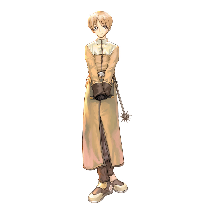 1boy 2000s_(style) acolyte_(ragnarok_online) armored_boots blonde_hair bob_cut book boots brown_eyes brown_footwear brown_gloves brown_pants cassock closed_mouth full_body gloves highres holding holding_book long_sleeves looking_afar looking_to_the_side mace male_focus medium_bangs myung-jin_lee official_art pants ragnarok_online short_hair simple_background smile solo spiked_mace spikes standing tachi-e transparent_background weapon