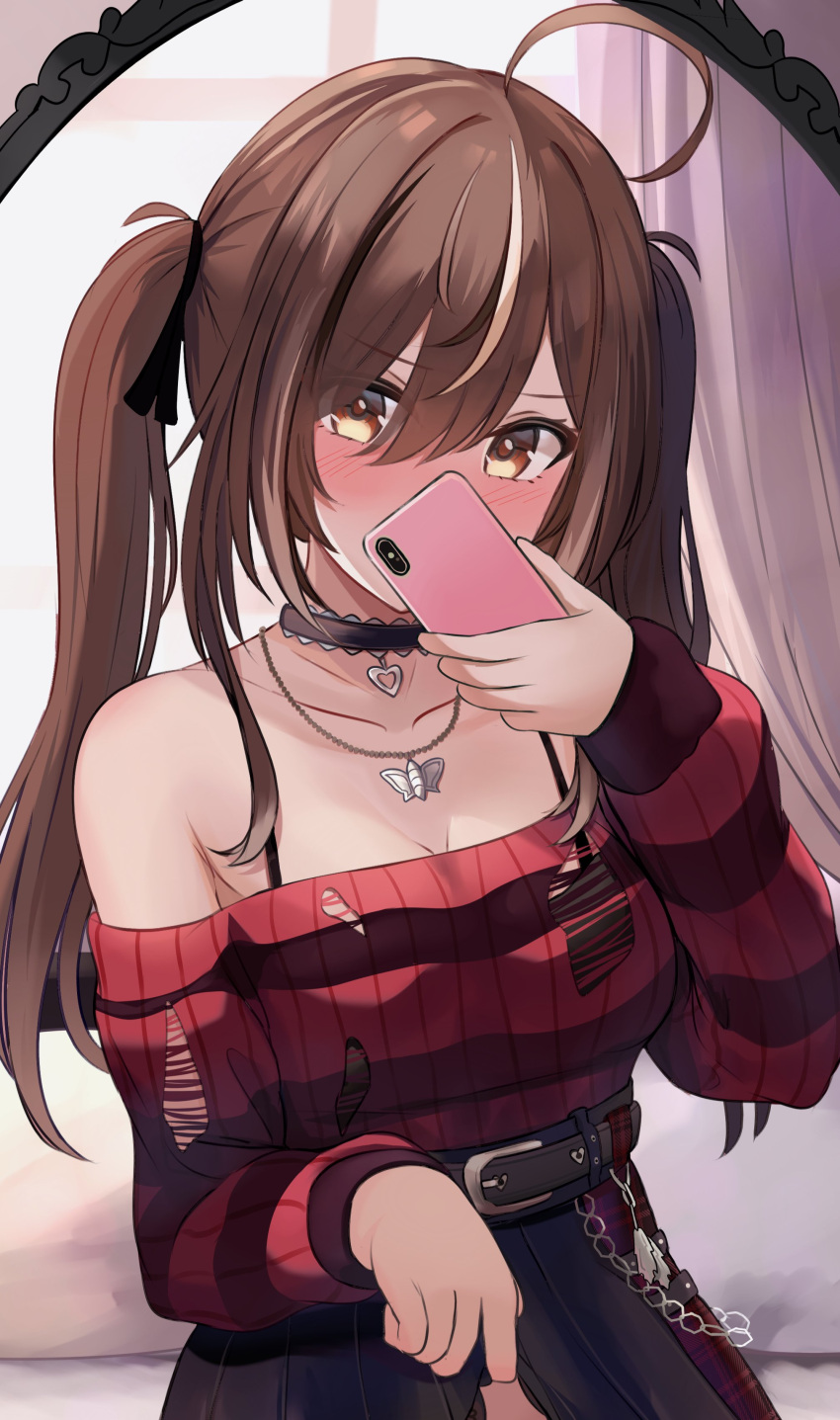 1girl absurdres ahoge belt black_belt black_choker black_hair black_ribbon black_skirt black_sweater blush brown_eyes brown_hair cellphone choker hair_ribbon highres holding holding_phone hololive hololive_english jewelry karu_(karusenpai) lace-trimmed_choker lace_trim looking_at_viewer multicolored_hair nanashi_mumei nanashi_mumei_(4th_costume) necklace official_alternate_costume phone plaid plaid_skirt red_sweater ribbon selfie skirt smartphone solo streaked_hair striped_clothes striped_sweater sweater torn_clothes torn_sweater two_side_up virtual_youtuber white_hair