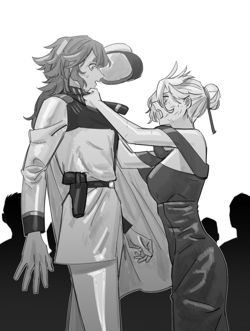 2girls 6+others bare_arms bruise bruise_on_face clothes_grab commentary_request crowd dress greyscale gun gundam gundam_suisei_no_majo hair_bun handgun highres holster injury jacket jacket_grab korean_commentary long_hair long_sleeves looking_at_another miorine_rembran monochrome multiple_girls multiple_others off-shoulder_dress off_shoulder open_mouth shouting simple_background snapagi suletta_mercury sweatdrop thick_eyebrows weapon white_background