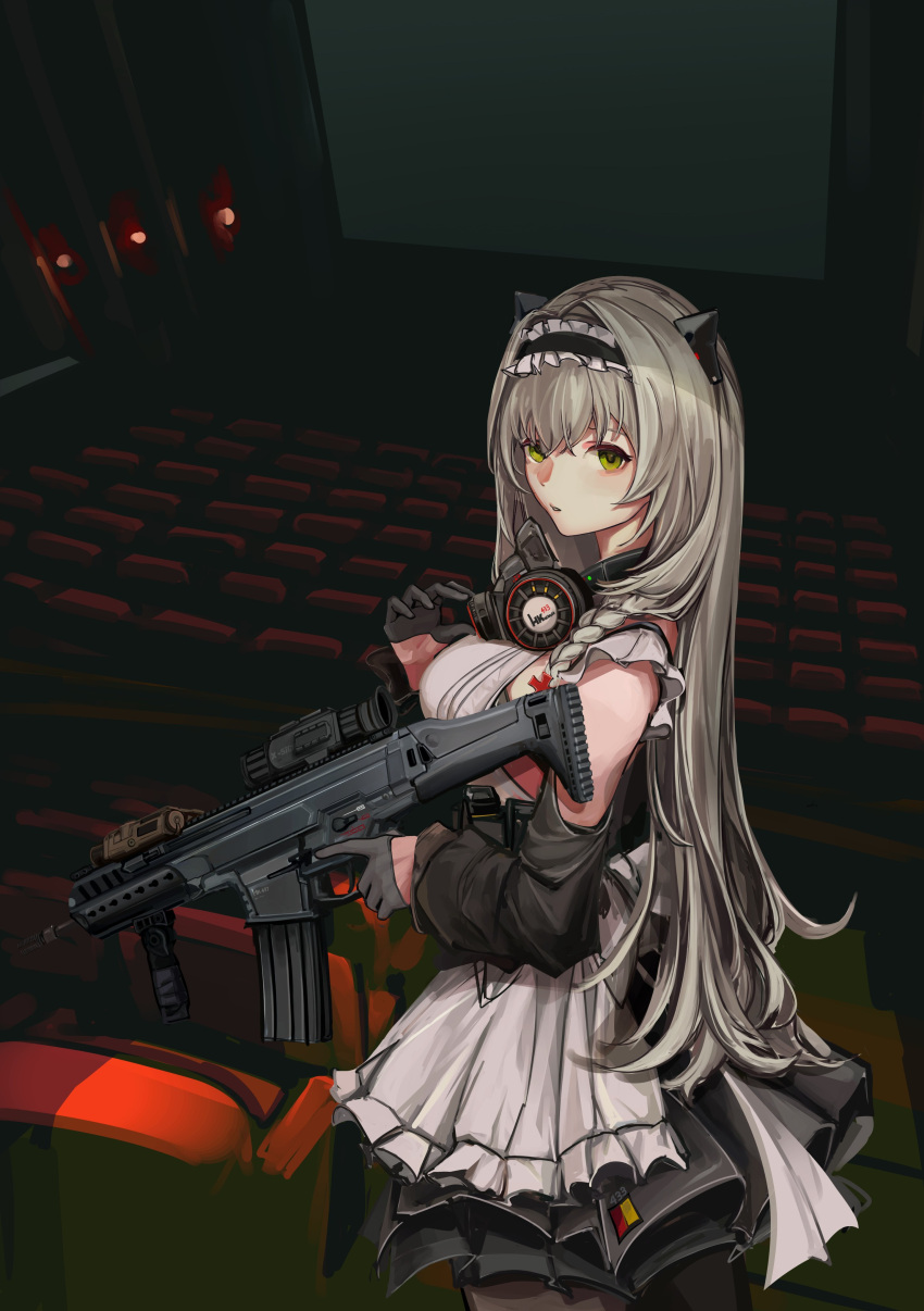 1girl absurdres apron assault_rifle black_dress black_gloves cowboy dress gas_mask girls_frontline gloves green_eyes grey_hair gun h&amp;k_hk433 hair_ornament half_gloves highres hk433_(girls'_frontline) holding holding_gun holding_weapon lithographica long_hair looking_at_viewer maid_headdress mask mask_around_neck movie_theater rifle scope solo trigger_discipline weapon white_apron