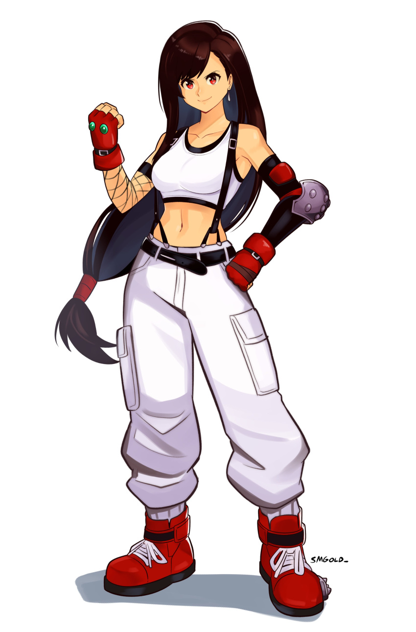 1girl absurdres alternate_costume baggy_pants belt black_hair commentary crop_top earrings elbow_gloves english_commentary final_fantasy final_fantasy_vii fingerless_gloves fishnets frown gloves highres jewelry long_hair looking_at_viewer midriff pants red_eyes red_footwear red_gloves shoes smgold sneakers solo tifa_lockhart