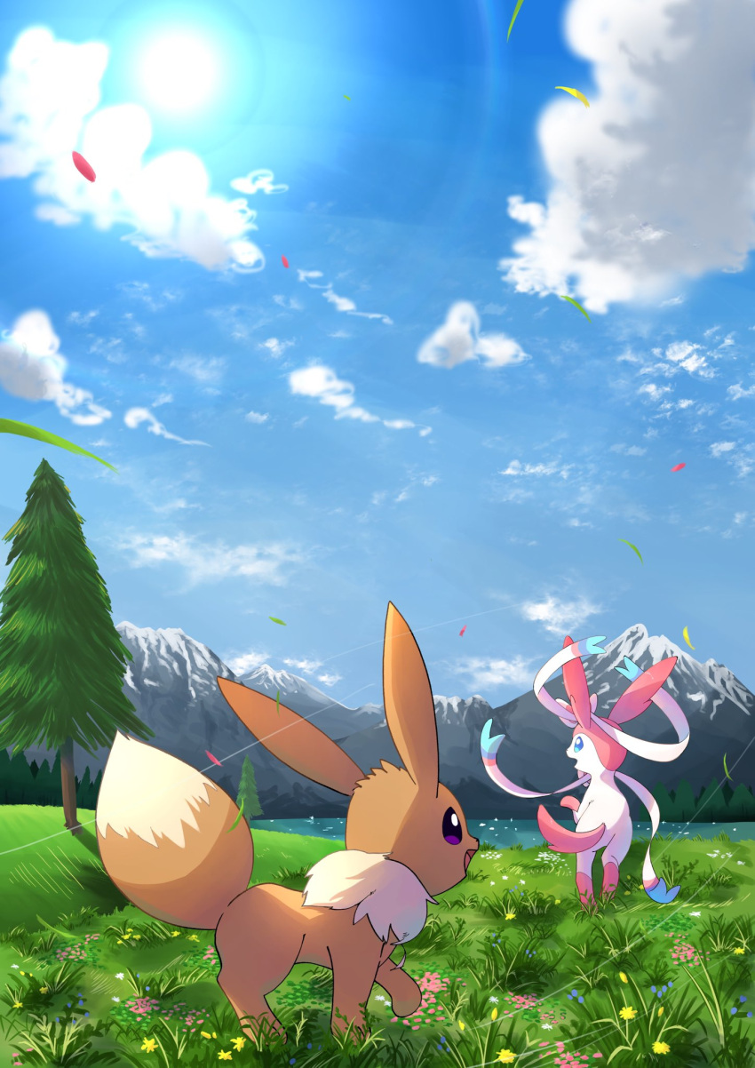 clouds commentary_request day eevee falling_leaves flower grass highres leaf no_humans outdoors pokemon pokemon_(creature) sato_(i_cant_do_it) sky standing sylveon tree