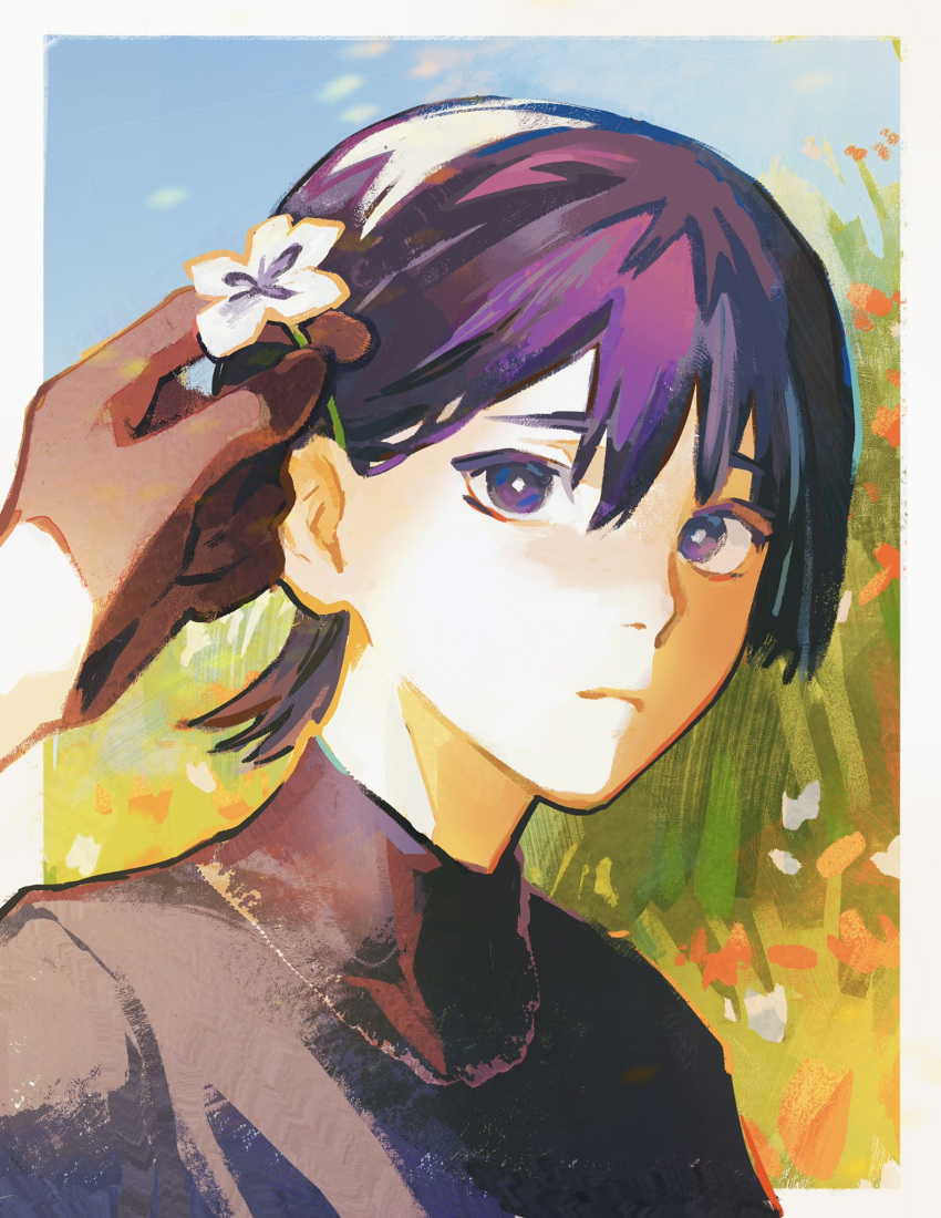 2boys arm_up black_shirt blue_sky blunt_ends blush border brown_gloves closed_mouth day english_commentary fenkko flower genshin_impact gloves grass hair_between_eyes highres holding holding_flower looking_at_another male_focus multiple_boys no_headwear orange_flower outdoors outside_border purple_hair red_flower scaramouche_(genshin_impact) shirt short_hair short_sleeves sky solo_focus standing tartaglia_(genshin_impact) turtleneck upper_body violet_eyes white_border white_flower