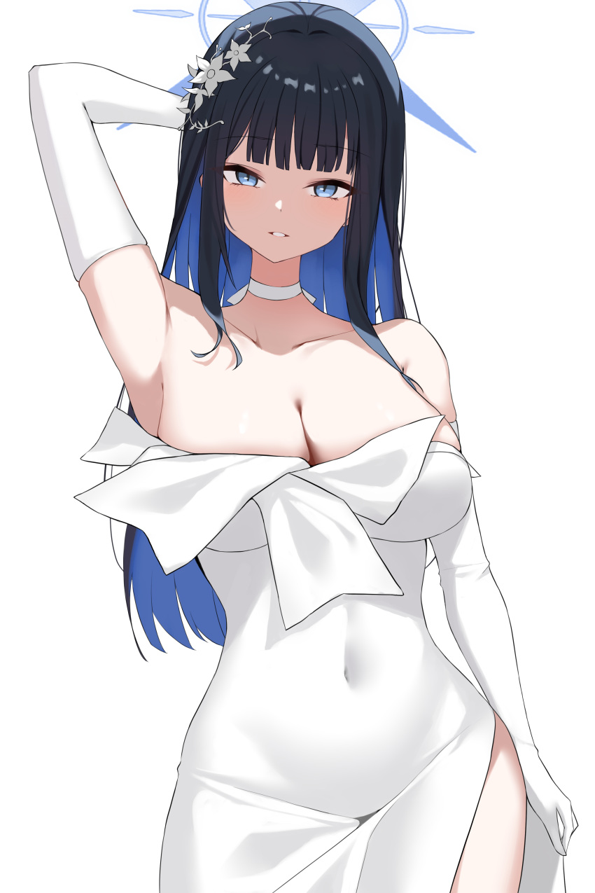 1girl absurdres armpits blue_archive blue_halo breasts choker dress elbow_gloves gloves halo highres large_breasts looking_at_viewer murding official_alternate_costume saori_(blue_archive) saori_(dress)_(blue_archive) simple_background solo strapless strapless_dress white_background white_choker white_dress white_gloves