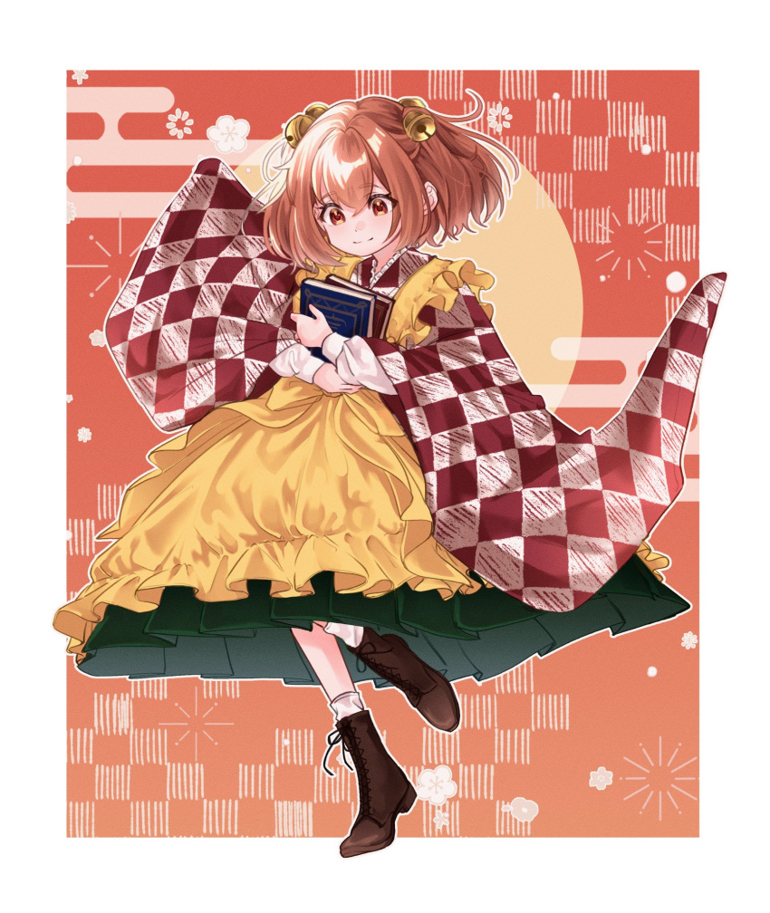 1girl apron bell book boots border brown_footwear checkered_clothes checkered_kimono closed_mouth egasumi frilled_apron frills full_body furisode gradient_background green_skirt hair_bell hair_ornament highres holding holding_book japanese_clothes jingle_bell kimono light_smile long_sleeves medium_hair motoori_kosuzu orange_background orange_eyes orange_hair outline outside_border pleated_skirt red_background red_kimono skirt socks solo standing standing_on_one_leg touhou two_side_up white_border white_outline white_socks yellow_apron yoshino_(q_sci)