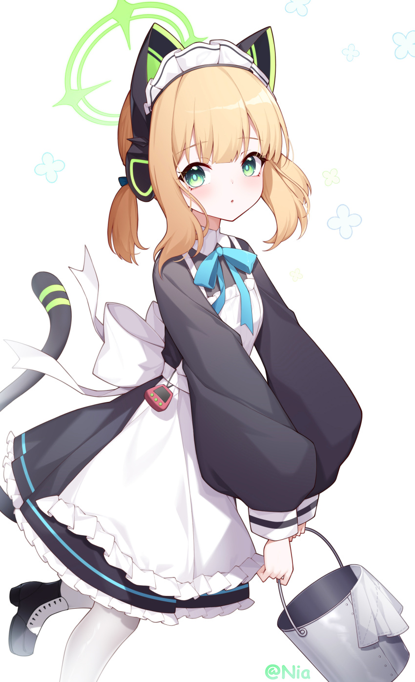 1girl absurdres animal_ear_headphones animal_ears apron blonde_hair blue_archive bucket cat_ear_headphones fake_animal_ears fake_tail green_eyes green_halo halo headphones highres holding holding_bucket long_sleeves looking_at_viewer maid maid_apron maid_headdress midori_(blue_archive) midori_(maid)_(blue_archive) official_alternate_costume poinia short_hair simple_background solo tail white_background
