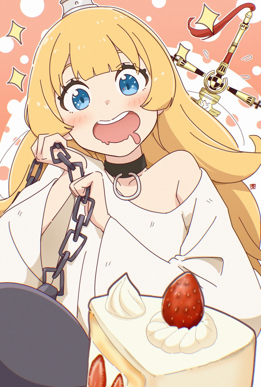 1girl 1other ball_and_chain_restraint blonde_hair blue_eyes blush cake cake_slice chain choker coat_of_arms crown drooling ex_(hime-sama_"goumon"_no_jikan_desu) flying_sweatdrops food highres hime-sama_"goumon"_no_jikan_desu hime_(hime-sama_"goumon"_no_jikan_desu) holding holding_chain illustratorhide long_hair looking_at_object mini_crown mouth_drool open_mouth prison rags smile solo_focus sparkle strawberry_shortcake sword teeth upper_body upper_teeth_only very_long_hair weapon