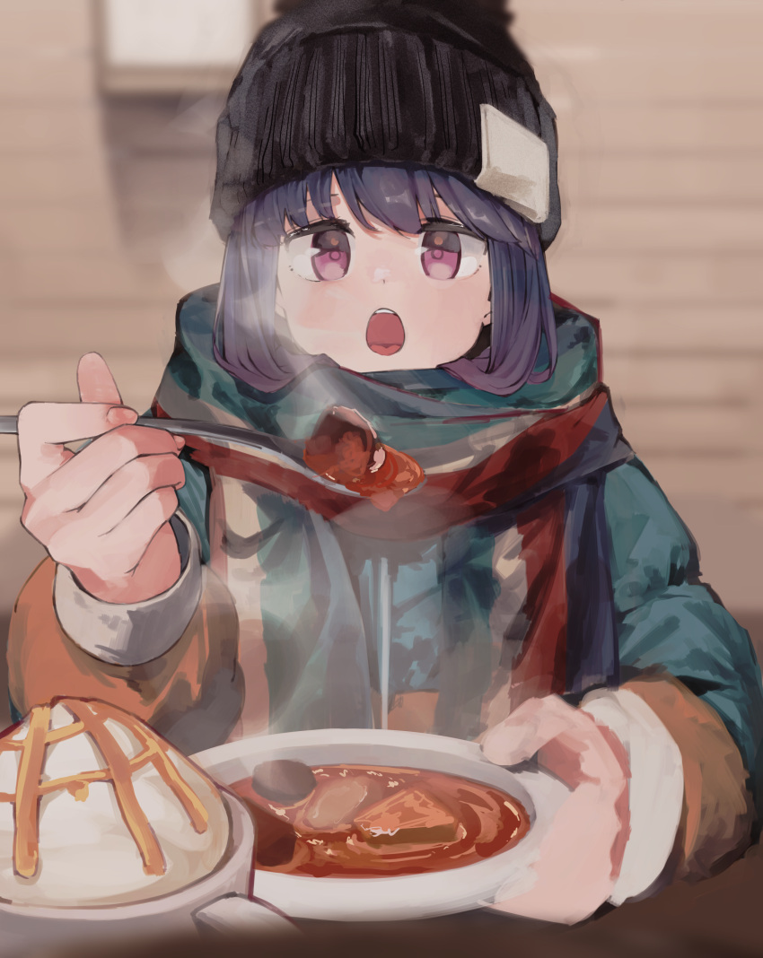 1girl absurdres beanie black_headwear blue_hair blush bowl cup food hat highres holding holding_spoon jacket long_sleeves looking_at_viewer maegami_(daisuki_oekaki1) multicolored_clothes multicolored_hair multicolored_scarf open_mouth purple_hair scarf shima_rin solo soup spoon steam upper_body violet_eyes yurucamp