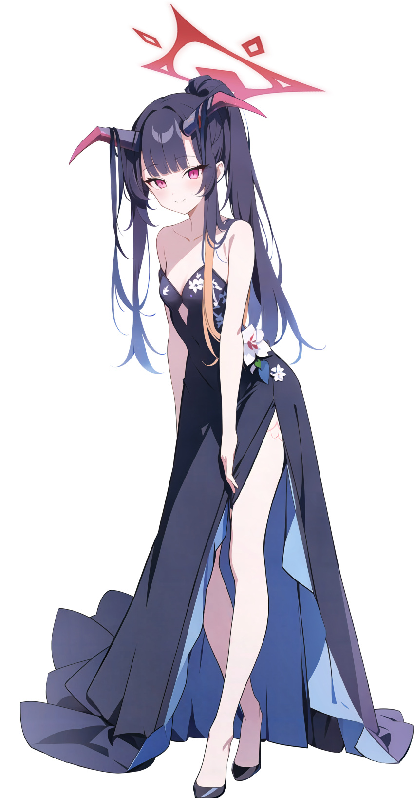 1girl absurdres bare_shoulders black_dress blue_archive breasts collarbone demon_horns dress flower full_body fuuka_(blue_archive) halo high_heels highres horns long_hair looking_at_viewer red_eyes side_slit sleeveless sleeveless_dress small_breasts