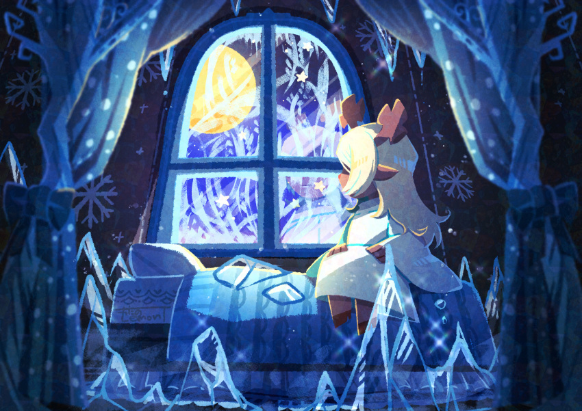 1girl absurdres animal_ears antlers barefoot bed blanket blonde_hair blue_theme deer_ears deer_girl deltarune facing_away frost full_moon furry furry_female highres horns ice icicle indoors long_hair moon night noelle_holiday on_bed pillow reflection robe scenery shards sitting snowflakes solo sparkle watawata22 white_robe wide_shot wide_sleeves window