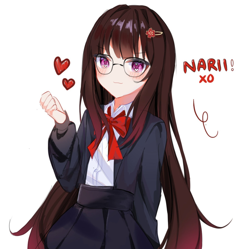 1girl arm_at_side artist_name black_jacket black_skirt blazer blush bow bowtie brown_hair clenched_hand closed_mouth glasses gradient_hair hand_up heart heart_in_eye high-waist_skirt highres honkai:_star_rail honkai_(series) jacket long_hair looking_at_viewer multicolored_hair narii_xo open_clothes open_jacket pink_eyes pleated_skirt red_bow red_bowtie redhead school_uniform shirt_tucked_in simple_background skirt smile solo sparkle_(honkai:_star_rail) straight_hair symbol_in_eye white_background