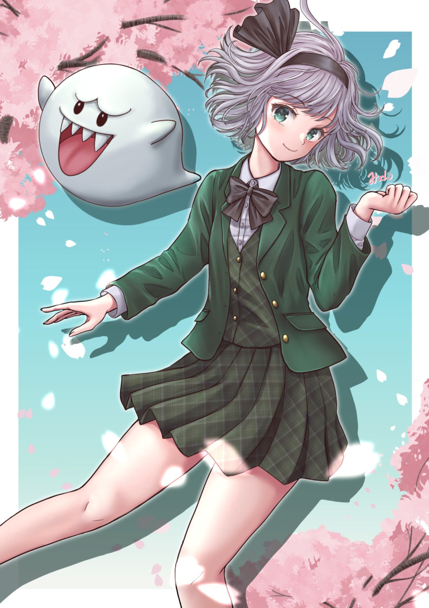 1girl black_bow black_bowtie black_hairband blush boo_(mario) bow bowtie cherry_blossoms closed_mouth commentary_request feet_out_of_frame ghost green_shirt green_skirt green_vest grey_hair hairband highres konpaku_youmu kyabekko long_sleeves looking_at_viewer outdoors plaid plaid_shirt plaid_skirt shirt short_hair skirt smile solo super_mario_bros. touhou vest