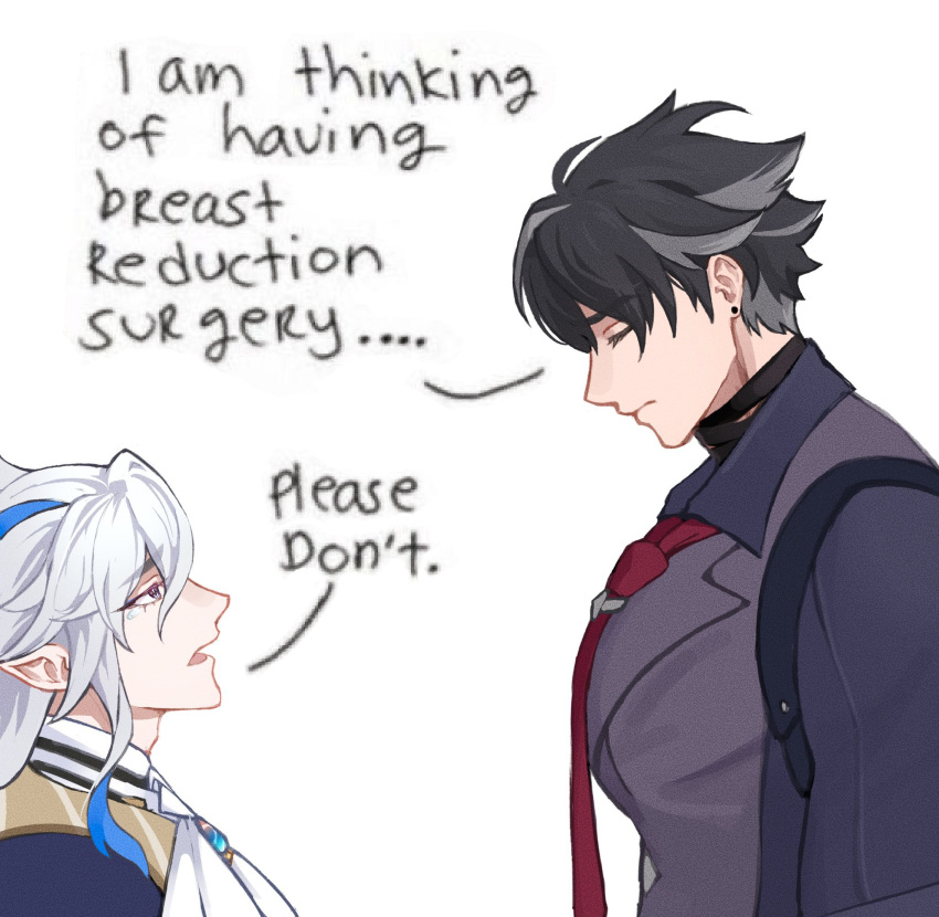 2boys ahoge ascot black_choker black_hair blue_gemstone blue_hair blue_jacket buttons choker closed_eyes closed_mouth collared_shirt collared_vest ear_piercing english_commentary english_text flower gem genshin_impact grey_hair hair_between_eyes highres jacket large_pectorals lin_(chuuchuyi) long_hair long_sleeves looking_at_another male_focus meme multicolored_hair multiple_boys necktie neuvillette_(genshin_impact) open_mouth pectorals piercing pointy_ears purple_shirt purple_vest red_flower shirt short_hair simple_background speech_bubble standing tearing_up tie_clip tongue two-tone_hair vest violet_eyes white_ascot white_background white_shirt wriothesley_(genshin_impact)