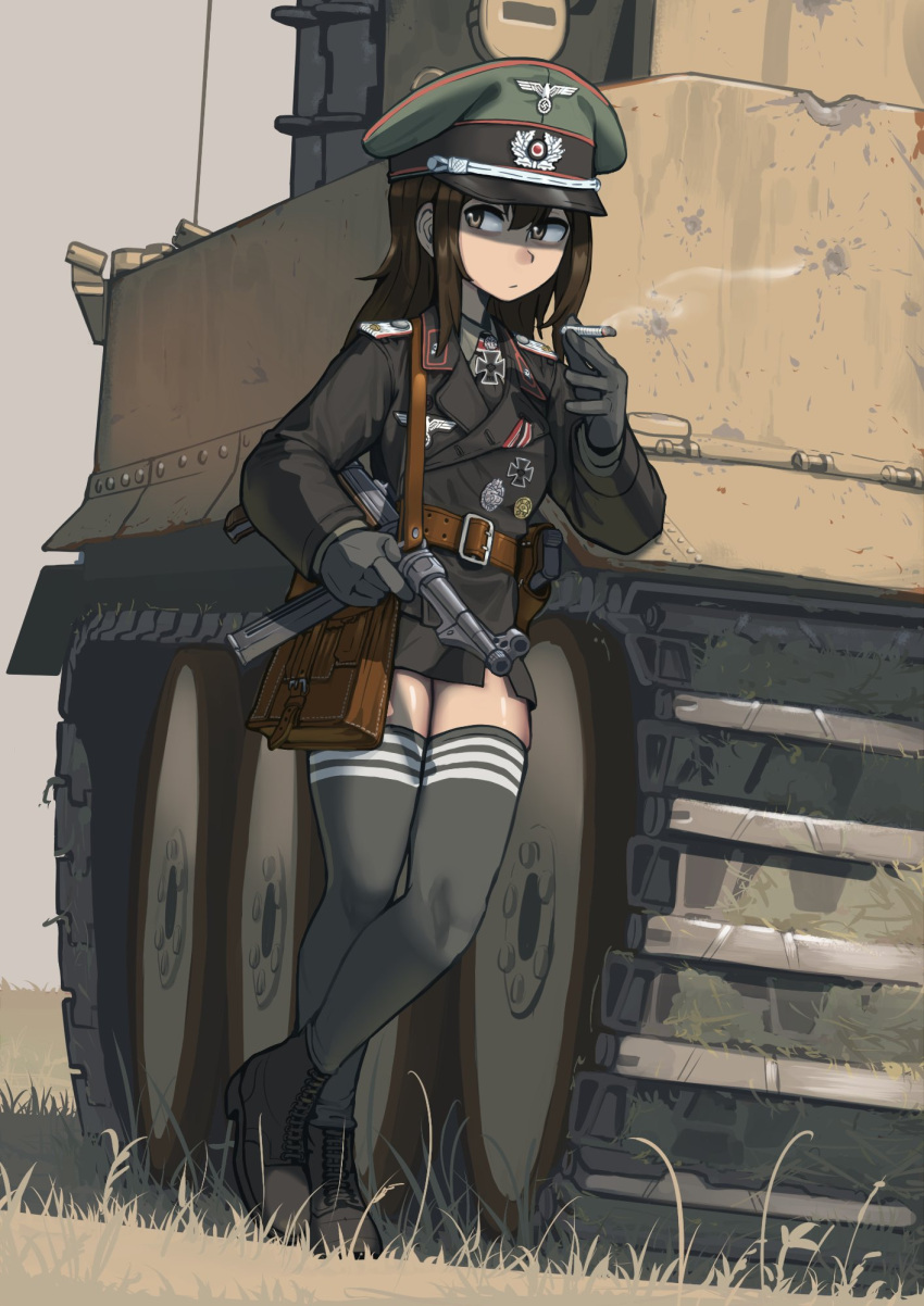 1girl brown_eyes brown_hair cross crossed_legs erica_(naze1940) german_army gun hat highres holding holding_gun holding_weapon iron_cross jacket leaning_on_object looking_to_the_side military_hat military_jacket military_uniform military_vehicle motor_vehicle mp40 original peaked_cap second-party_source smoking submachine_gun tank thigh-highs tiger_i uniform weapon world_war_ii