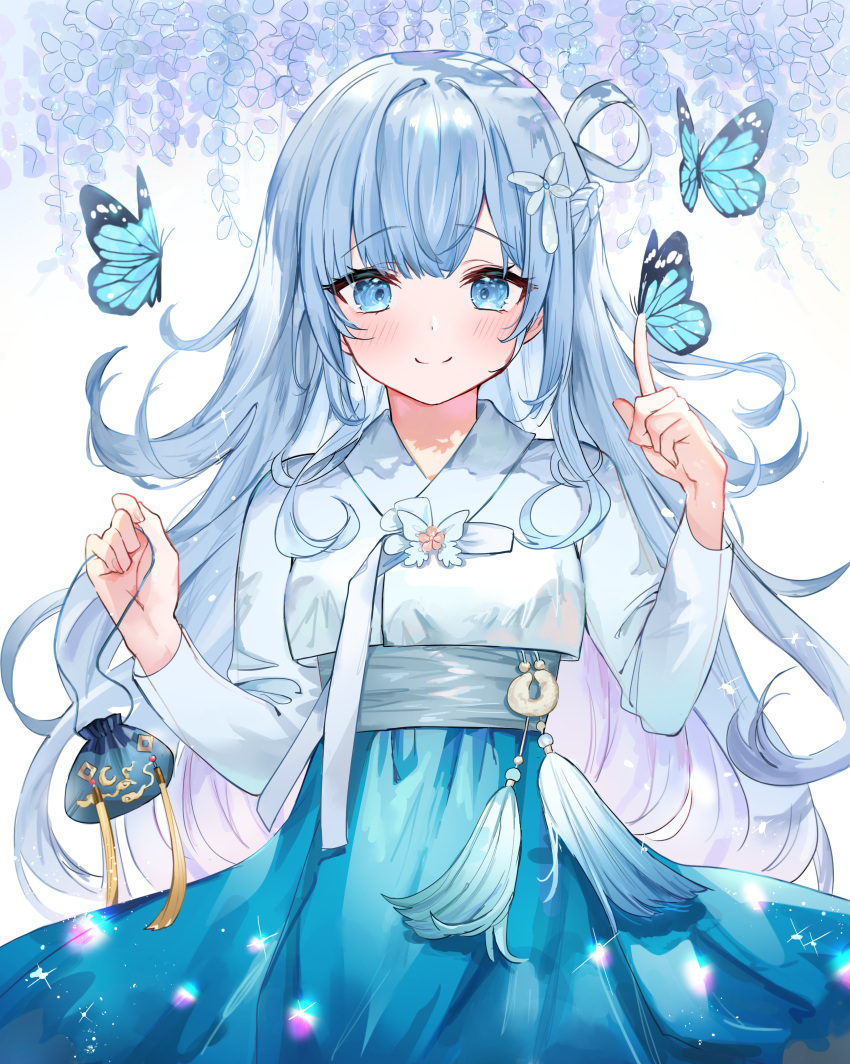 1girl absurdres arme_(cgsy7484) blue_butterfly blue_eyes blue_flower blue_hair blue_skirt blue_tassel blue_theme blush breasts bug butterfly butterfly_hair_ornament closed_mouth commission cowboy_shot flower hair_ornament hair_rings hanbok hands_up highres holding index_finger_raised jacket korean_clothes korean_commentary long_hair long_sleeves looking_at_viewer original second-party_source skirt small_breasts smile solo very_long_hair white_background white_jacket wisteria