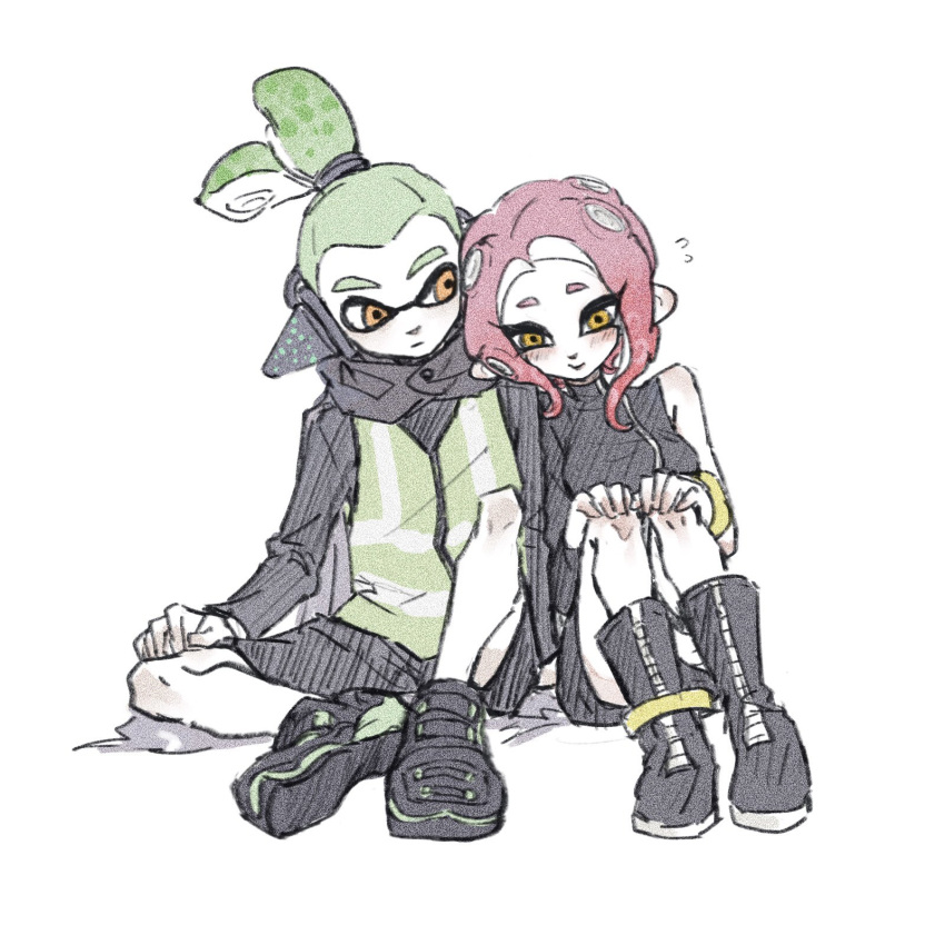 1boy 1girl :| agent_3_(splatoon) agent_8_(splatoon) black_footwear boots breasts closed_mouth film_grain flying_sweatdrops green_hair hands_on_own_knees high-visibility_vest highres inkling inkling_boy inkling_player_character leaning_on_person long_sleeves looking_at_another medium_breasts medium_hair octoling octoling_girl octoling_player_character orange_eyes pink_hair ponytail shoes short_hair simple_background single_bare_shoulder single_sleeve sitting smile splatoon_(series) splatoon_2 splatoon_2:_octo_expansion suction_cups tentacle_hair thenintlichen96 vest white_background yellow_eyes