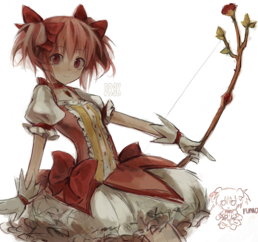 1girl bow bow_(weapon) bubble_skirt character_doll choker drek2xme dress fumo_(doll) gloves hair_ribbon highres holding holding_bow_(weapon) holding_weapon kaname_madoka looking_at_viewer magical_girl mahou_shoujo_madoka_magica pink_bow pink_choker pink_dress pink_eyes pink_hair puffy_short_sleeves puffy_sleeves ribbon short_hair short_sleeves short_twintails simple_background skirt smile solo soul_gem twintails watermark weapon white_background white_gloves white_sleeves