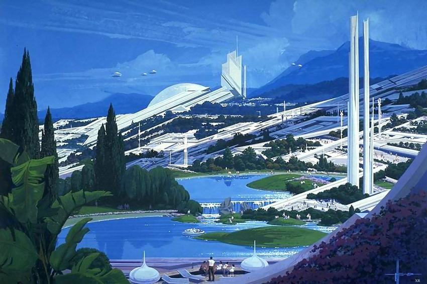 building cityscape clouds concept_art highres lake mountainous_horizon scenery science_fiction signature sky syd_mead third-party_source traditional_media tree yamato2520