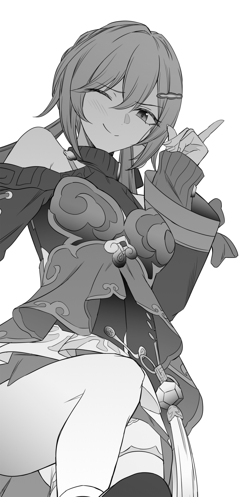 1girl absurdres armpit_crease bare_shoulders closed_mouth feet_out_of_frame greyscale hair_between_eyes hair_ornament hairpin hand_up highres honkai:_star_rail honkai_(series) index_finger_raised knee_up long_sleeves looking_at_viewer low_twintails miniskirt monochrome off-shoulder_sweater off_shoulder one_eye_closed pleated_skirt qingque_(honkai:_star_rail) ribbed_sweater sidelocks skirt sleeves_past_wrists smile solo sweater takai_isshiki turtleneck turtleneck_sweater twintails