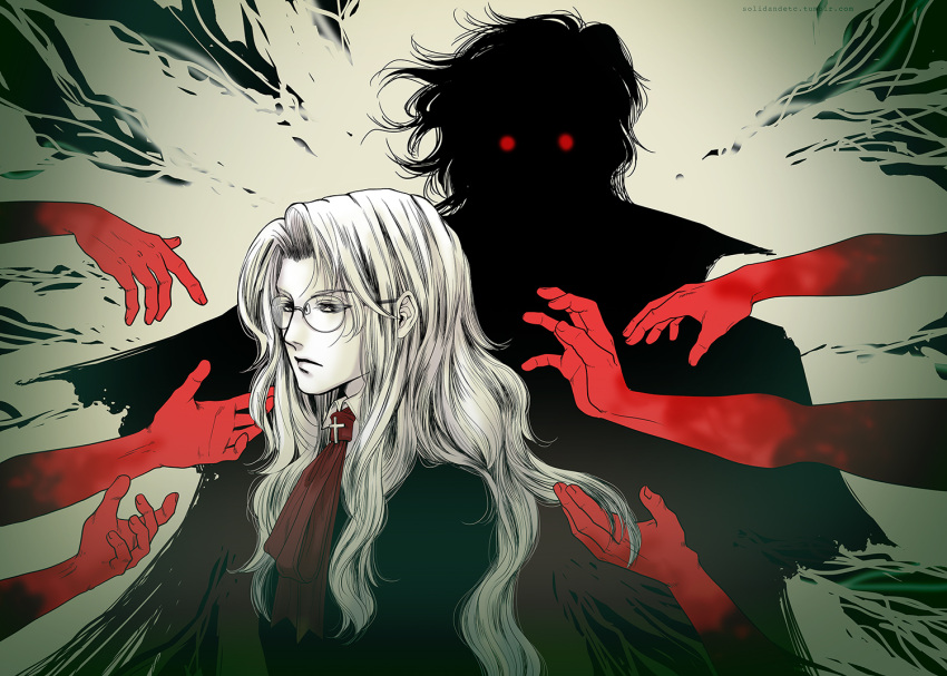 1boy 1girl alucard_(hellsing) ascot commentary_request cross expressionless frown glasses glowing glowing_eyes hellsing integra_hellsing long_hair red_ascot silhouette toshimichi_yukari