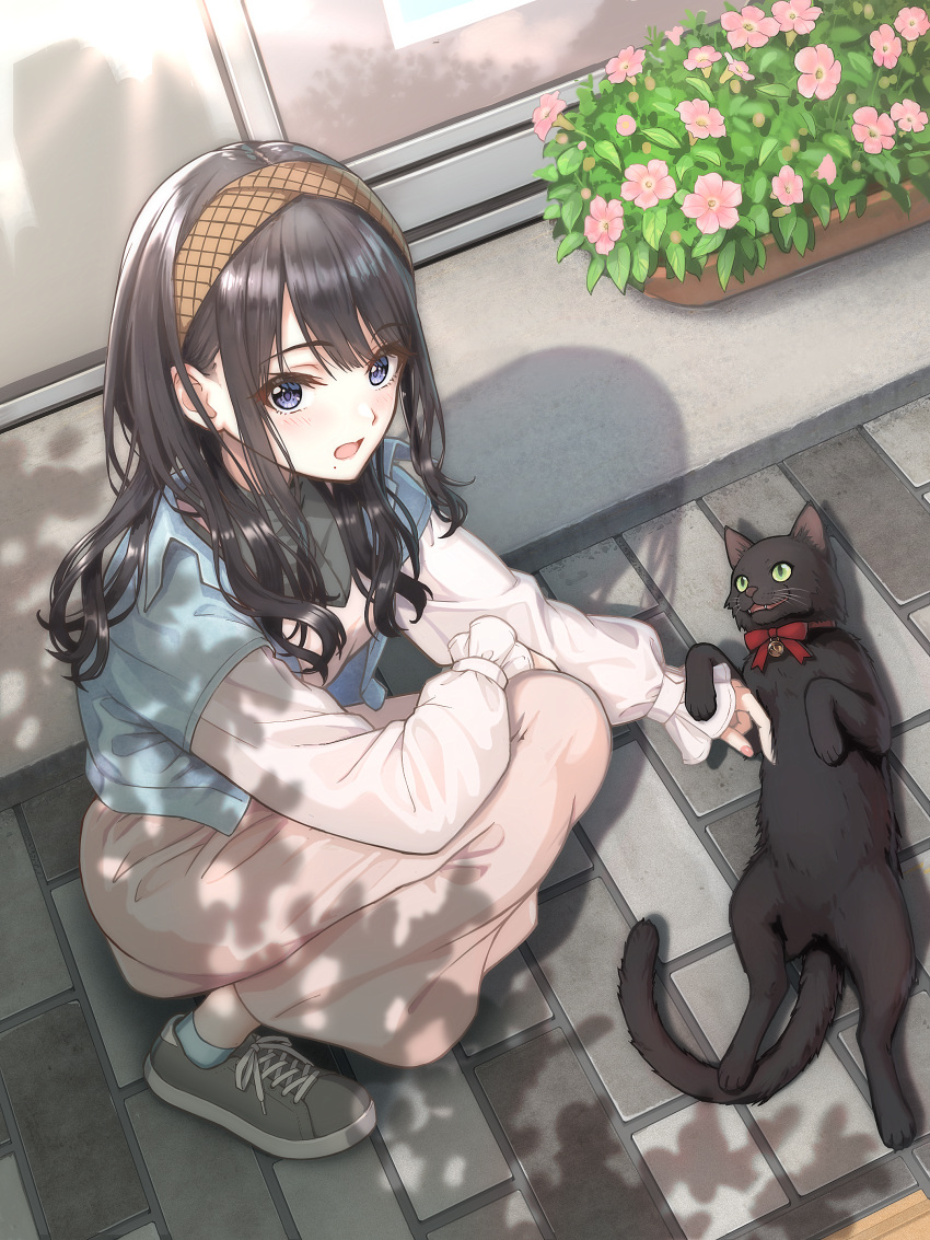 1girl :o absurdres black_cat black_hair blush brown_hairband cat commentary_request cropped_jacket hairband highres idolmaster idolmaster_shiny_colors kazano_hiori long_skirt looking_at_viewer macha0331 mole mole_under_mouth outdoors patting pink_skirt plant potted_plant shirt skirt solo squatting violet_eyes white_shirt