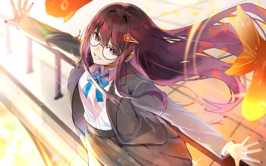 1girl :d black-framed_eyewear black_jacket black_skirt blazer blue_ribbon brown_hair collared_shirt commentary floating_hair glasses grin gyoju_(only_arme_nim) hair_between_eyes hair_intakes hair_ornament hairclip hashtag_only_commentary highres honkai:_star_rail honkai_(series) imminent_suicide jacket long_hair long_sleeves miniskirt nail_polish neck_ribbon open_clothes open_jacket open_mouth outstretched_arms pink_eyes pleated_skirt railing red_nails ribbon rooftop shirt sidelocks skirt smile solo sparkle_(honkai:_star_rail) straight_hair teeth tile_floor tiles very_long_hair white_shirt