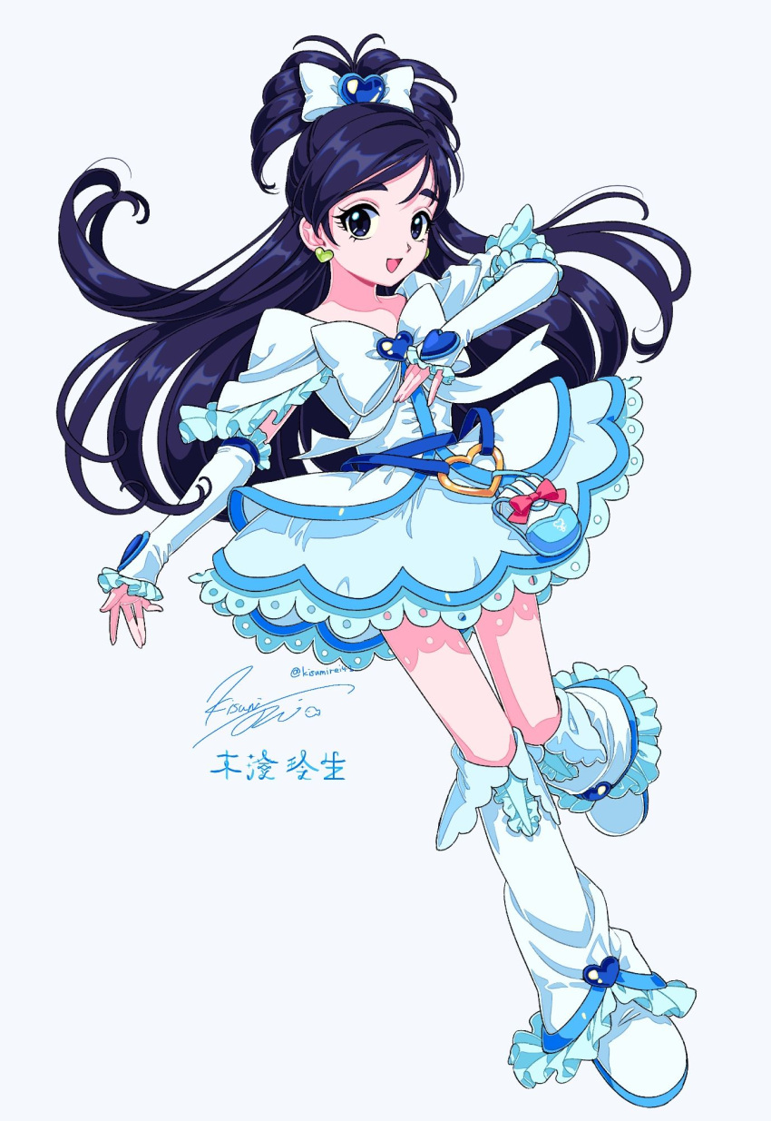1girl arm_at_side blue_hair boots bow chest_bow cure_white detached_sleeves dress earrings foot_up frilled_boots frilled_dress frills full_body futari_wa_precure futari_wa_precure_max_heart grey_background hair_bow hand_on_own_chest heart heart_earrings highres jewelry kisumi_rei long_hair looking_at_viewer magical_girl open_mouth pouch precure solo white_dress yukishiro_honoka