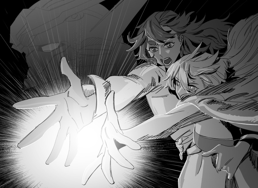 2girls commentary_request dress greyscale gundam gundam_aerial gundam_suisei_no_majo hand_on_another's_waist highres jacket jacket_on_shoulders korean_commentary long_hair long_sleeves miorine_rembran monochrome multiple_girls open_mouth outstretched_arm snapagi strapless strapless_dress suletta_mercury thick_eyebrows upper_body