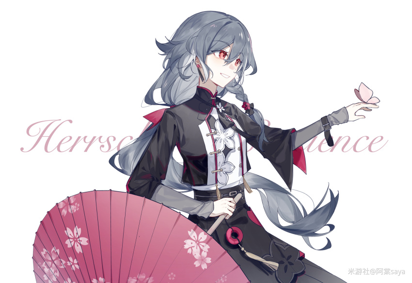 a_tang_saya absurdres black_hanfu black_jacket black_shirt black_skirt bow bug butterfly butterfly_on_hand character_name chinese_clothes chinese_text clenched_teeth eyeliner flower fu_hua fu_hua_(herrscher_of_sentience) grey_hair hair_between_eyes hair_bow hanfu highres holding holding_umbrella honkai_(series) honkai_impact_3rd jacket long_hair long_skirt long_sleeves looking_at_animal low-tied_long_hair low_ponytail makeup multicolored_hair official_alternate_costume oil-paper_umbrella open_clothes open_jacket pink_butterfly pink_flower ponytail red_bow red_eyeliner red_eyes shirt simplified_chinese_text skirt streaked_hair teeth umbrella white_hair yellow_pupils