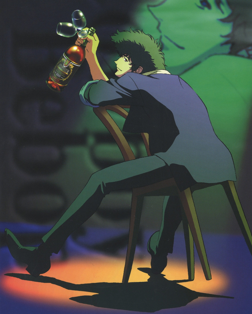 1boy alcohol bottle chair cowboy_bebop cup drinking_glass green_hair highres holding holding_bottle male_focus messy_hair official_art pants scan shadow sitting smile spike_spiegel spiky_hair wine_glass