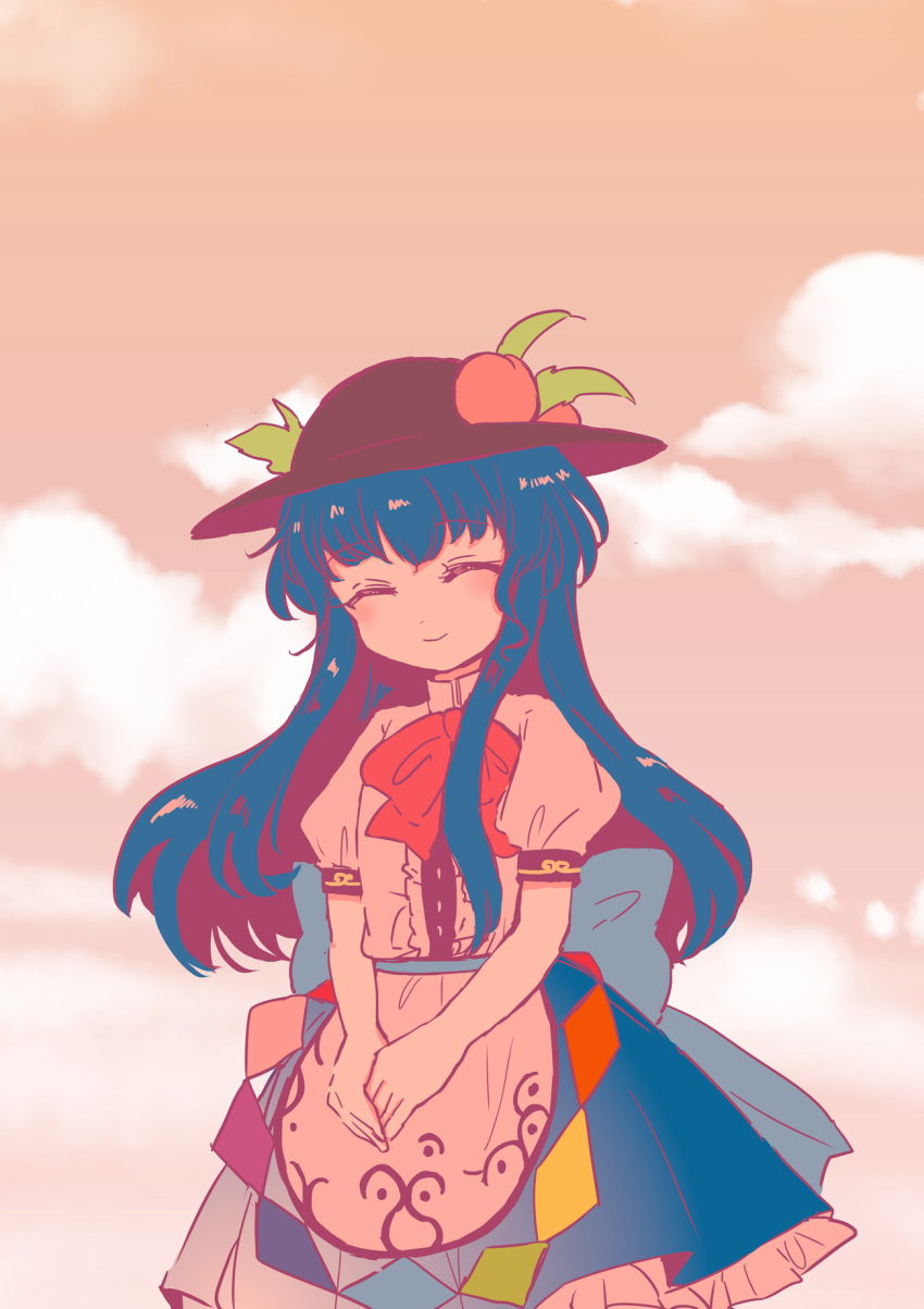 1girl apron back_bow black_headwear blue_hair blue_skirt bow bowtie center_frills closed_eyes closed_mouth clouds facing_viewer frilled_skirt frills hat highres hinanawi_tenshi large_bow leaf_hat_ornament long_hair outdoors own_hands_together peach_hat_ornament puffy_short_sleeves puffy_sleeves rainbow_order red_bow red_bowtie rin_tarou shirt short_sleeves sidelocks skirt sky solo touhou white_shirt