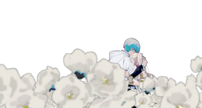 1girl blue_hair blurry blurry_foreground cape capelet chamwa commentary elf english_commentary flower frieren hand_on_another's_back hand_on_another's_head highres himmel_(sousou_no_frieren) hug long_sleeves pointy_ears simple_background sousou_no_frieren twintails white_background white_cape white_capelet white_flower white_hair