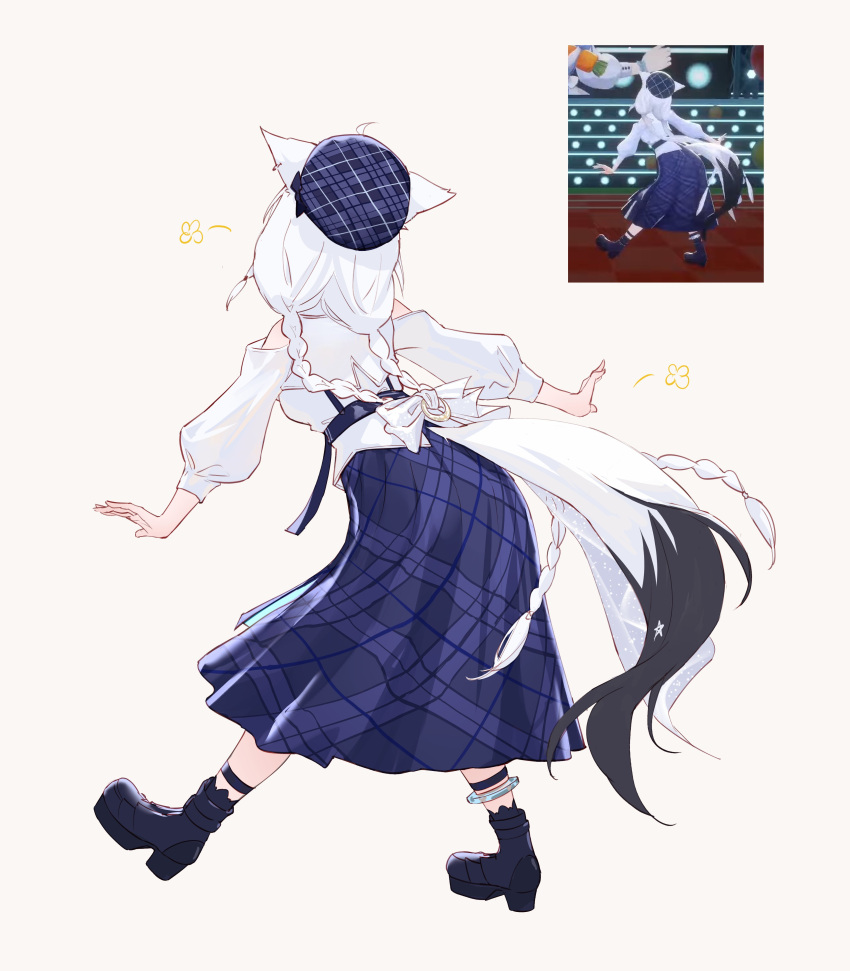 1girl absurdres animal_ears beret blue_journey_(hololive) braid dancing fox_ears fox_girl fox_tail from_behind full_body hat highres hololive hyde_(tabakko) long_hair long_skirt photo-referenced shirakami_fubuki shirt simple_background skirt solo tail twin_braids very_long_hair virtual_youtuber white_background white_hair white_shirt