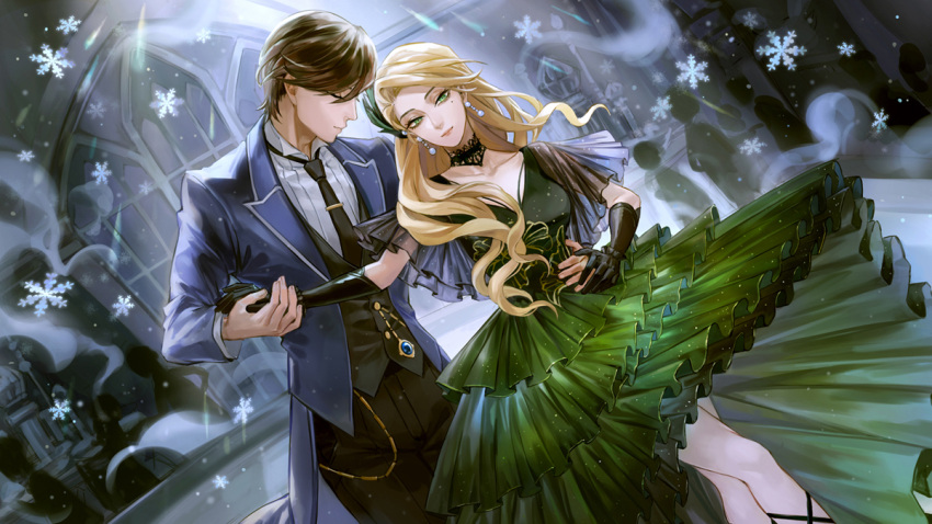 1boy 1girl black_gloves black_necktie black_pants blonde_hair blue_jacket brown_hair cassandra_vole closed_eyes closed_mouth commentary_request dancing dress earrings elbow_gloves floating_hair formal gloves green_dress green_eyes hair_ornament hand_on_another's_hip harry_potter:_magic_awakened harry_potter_(series) holding_hands indoors jacket jewelry joshua_drac lips long_hair looking_at_viewer mole mole_under_eye necktie pants pink_lips see-through short_hair sleeveless sleeveless_dress smile waltz_(dance) wizarding_world