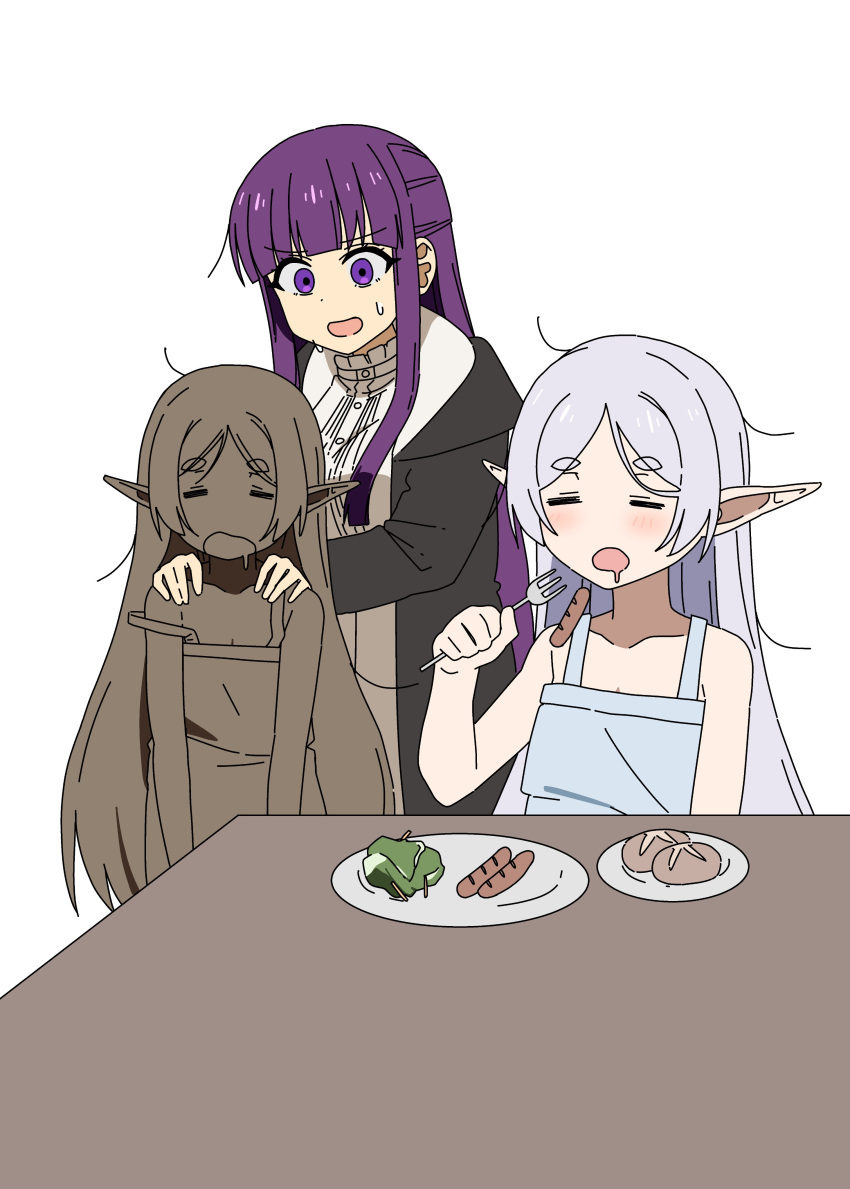 3girls absurdres aroon bare_shoulders clone closed_eyes drooling elf fern_(sousou_no_frieren) food fork frieren hair_down hands_on_another's_shoulders highres holding holding_fork lettuce long_hair mouth_drool multiple_girls open_mouth pointy_ears potato purple_hair saliva sausage simple_background sleepy sousou_no_frieren sweat sweatdrop thick_eyebrows twintails very_long_hair violet_eyes white_background