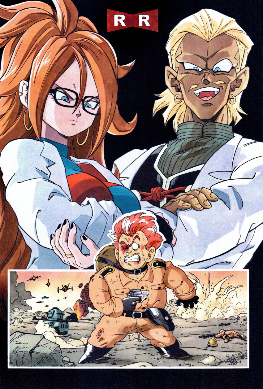 1girl 2boys absurdres aged_down alternate_universe android_21 blonde_hair blue_eyes breasts brown_hair checkered_clothes crossed_arms dr._gero_(dragon_ball) dragon_ball dragon_ball_fighterz dragon_ball_z earrings english_commentary explosion highres hoop_earrings jewelry lab_coat large_breasts long_hair multiple_boys red_(dragon_ball) redhead short_hair silverwoodwork toriyama_akira_(style) uniform vomi_(dragon_ball)