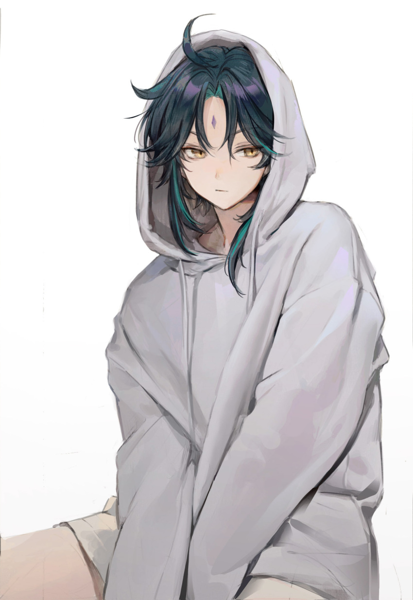1boy aamoooon_e alternate_costume black_hair blue_hair closed_mouth english_commentary facial_mark forehead_mark genshin_impact grey_hoodie hair_between_eyes highres hood hood_up hoodie long_sleeves male_focus multicolored_hair orange_eyes simple_background solo white_background xiao_(genshin_impact)