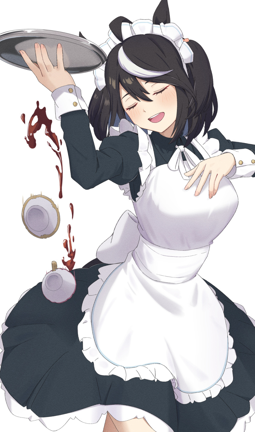 1girl alternate_costume animal_ears apron black_dress black_hair blush chahanramen closed_eyes commentary cup dress enmaided falling hands_up highres holding holding_tray horse_ears horse_girl kitasan_black_(umamusume) maid maid_apron maid_headdress multicolored_hair open_mouth saucer simple_background smile solo streaked_hair tray umamusume white_apron white_background white_hair white_headdress
