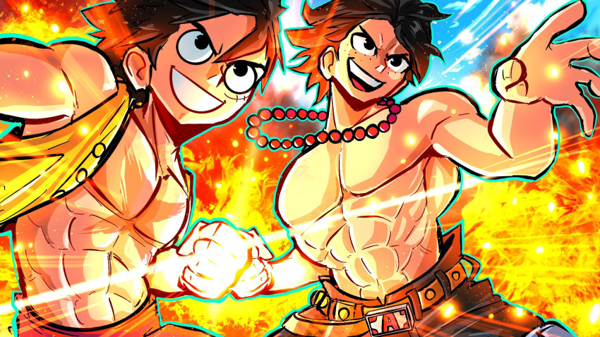 2boys abs bare_shoulders bead_necklace beads belt black_eyes black_hair blue_sky brothers clenched_hand clouds collarbone embers emphasis_lines fire freckles highres jewelry male_focus monkey_d._luffy multiple_boys muscular muscular_male necklace one_piece open_clothes open_mouth open_shirt portgas_d._ace scar scar_on_face shirt siblings sky sleeveless smile sonchapo topless_male yellow_shirt
