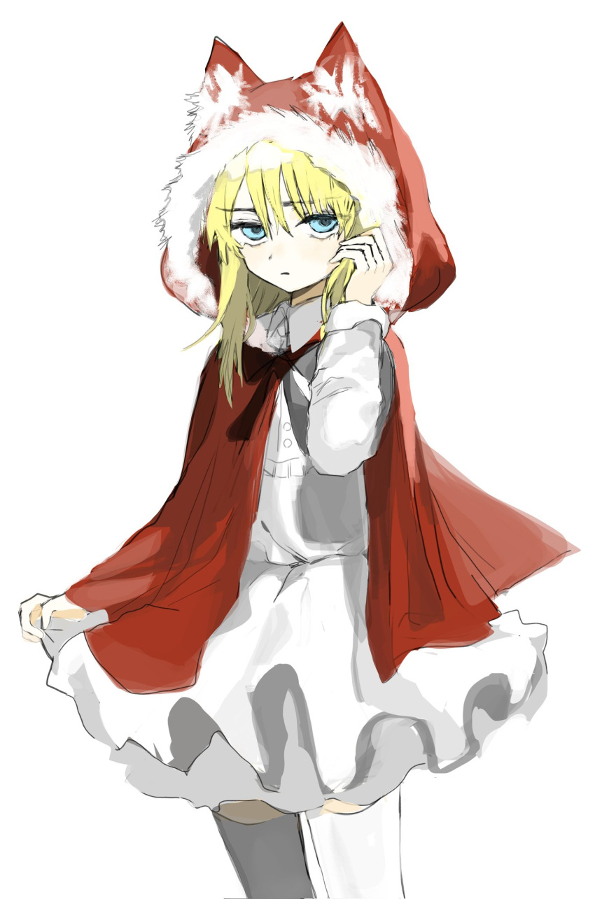 1984_(artist) 1girl black_souls blonde_hair blue_eyes cloak closed_mouth cowboy_shot dress expressionless fur-trimmed_cloak fur_trim hand_up highres hood hooded_cloak long_sleeves looking_at_viewer red_cloak red_hood_(black_souls) simple_background skirt_hold solo thigh-highs white_background white_dress white_thighhighs